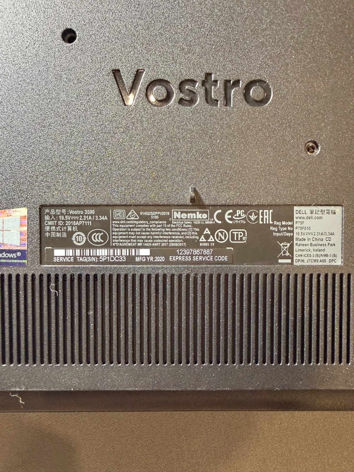 Dell Vostro 3590 15.6″ Laptop FOR PARTS | No SSD/RAM | Boots Parts Only