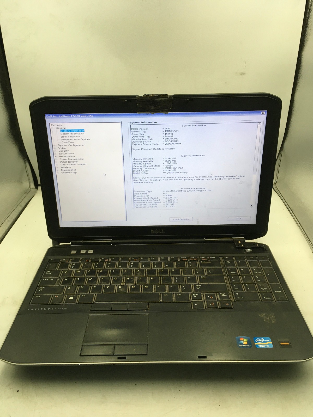 DELL LATITUDE E5530 – BOOTS TO BIOS – INTEL I5 3210M – NO RAM – READ DESC – BB