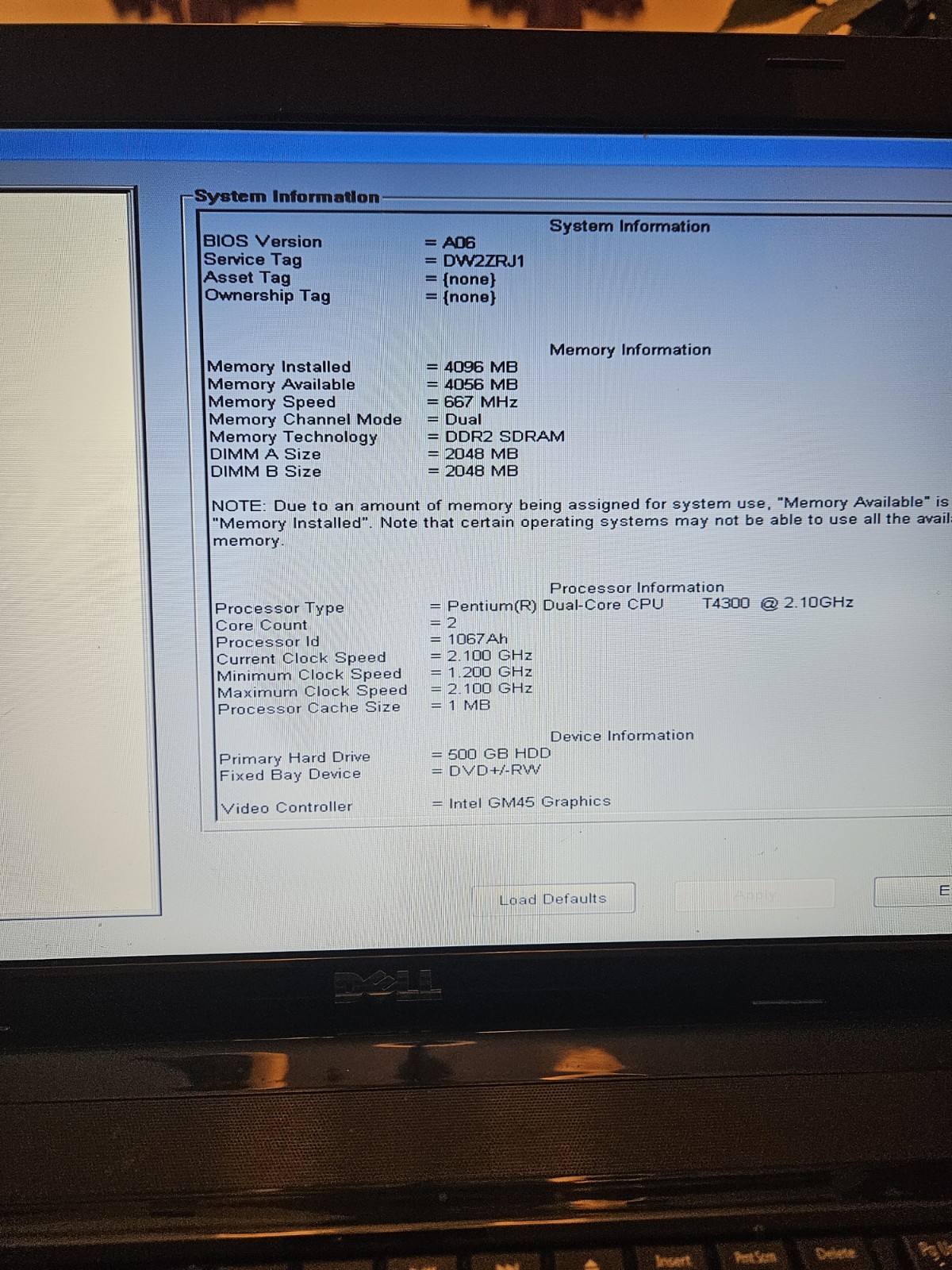 Dell Inspiron 1750 T4300 2.10 GHZ 4 GB Ram 500 GB Hard Drive. For Parts