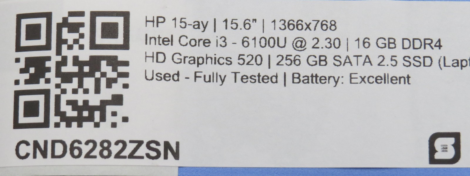 HP 15 | I3-6100U @ 2.3GHz | 4GB DDR4 | 256GB SATA SSD | 15″ | No OS