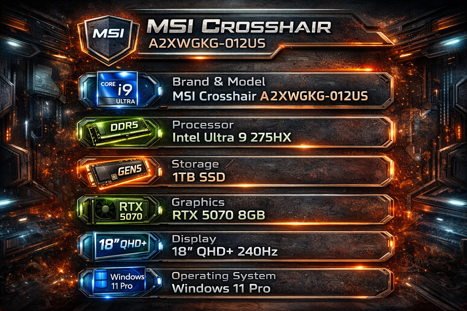 MSI Crosshair 18 HX AI 18″ Intel Ultra 9 275HX Nvidia RTX 5070 32GB DDR5 1TB SSD