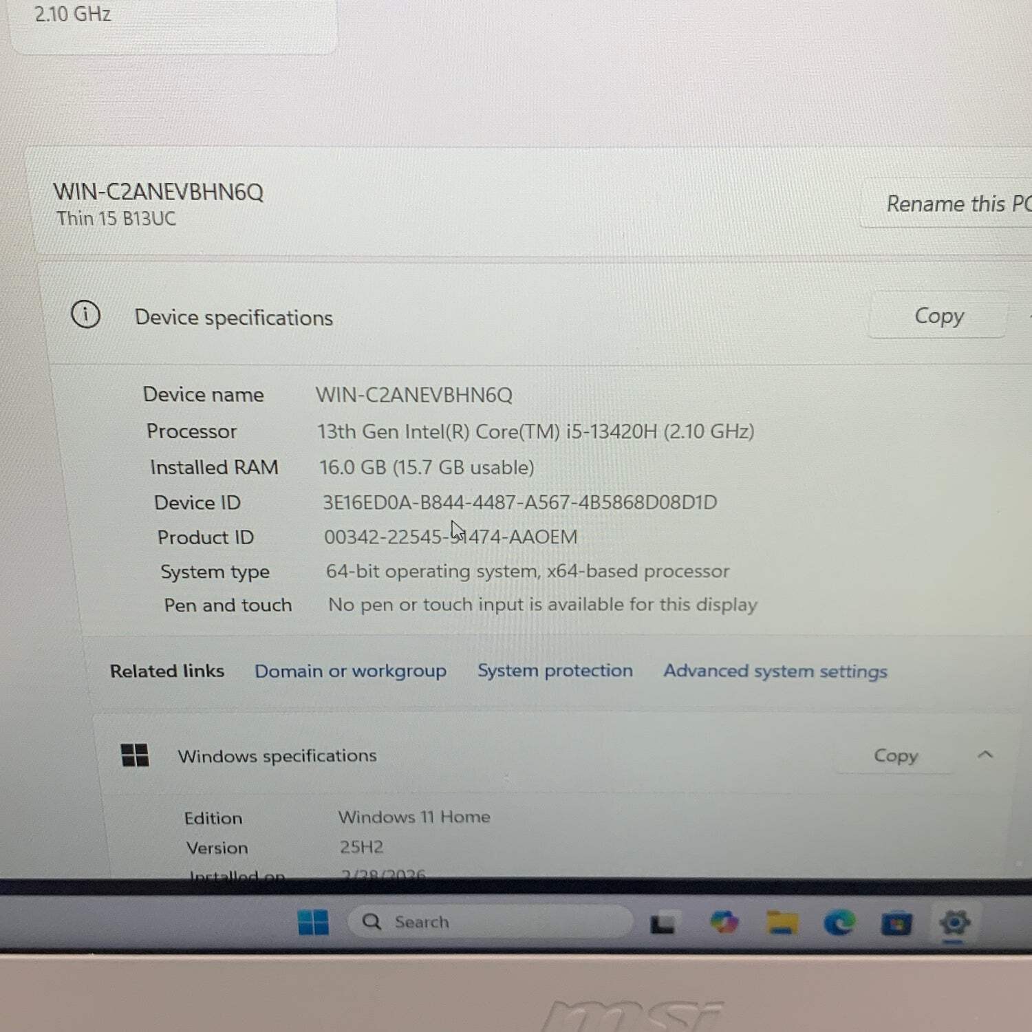 MSI Thin 15 B13UC 15.6″ i5-13420H 2.1GHz 16GB RAM 512GB SSD GeForce RTX 3050