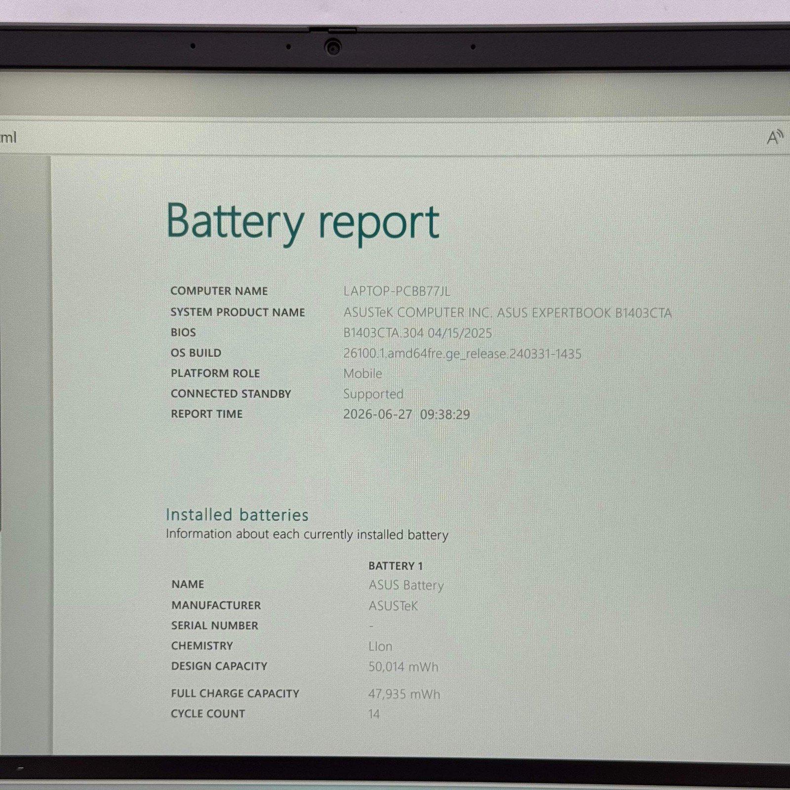 Asus Expertbook B1403CTA 14″ N150 0.8GHz 4GB RAM 128GB SSD