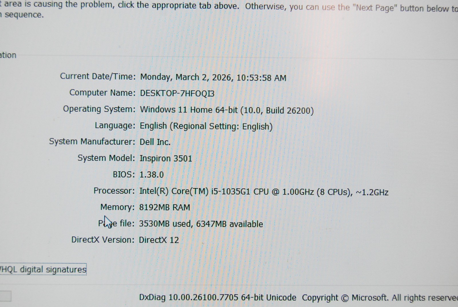DELL INSPIRON 3501 8GB RAM I5-1035G1 256GB SSD WIFI/BT WIN11 PRO T8-B11