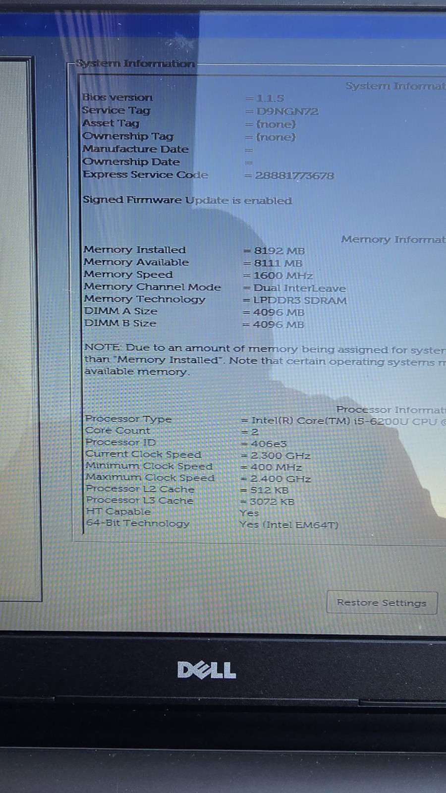 Dell Inspiron 5559 i5-6200u 2.3GHz 8GB RAM 480GB SSD