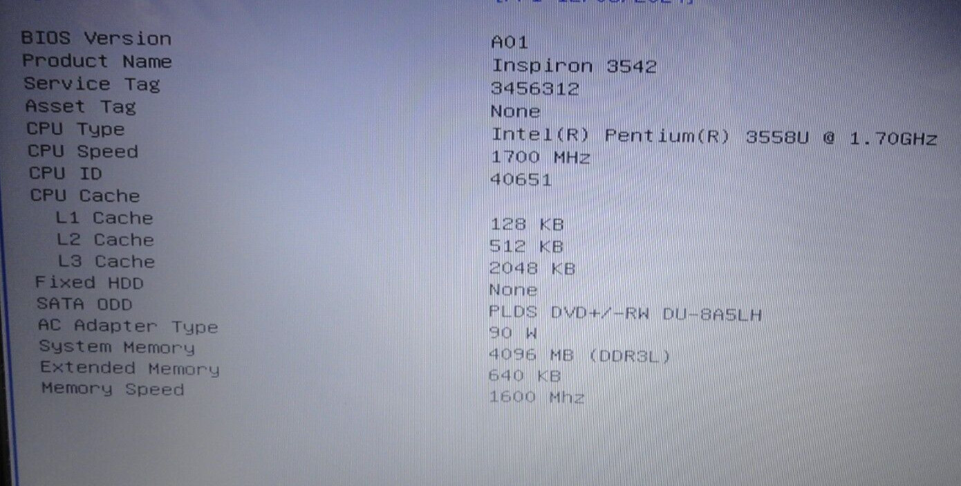 Dell Inspiron 3542 Intel Pentium 3558U @1.70GHz 4GB RAM , NO HARD DRVIE NO COA