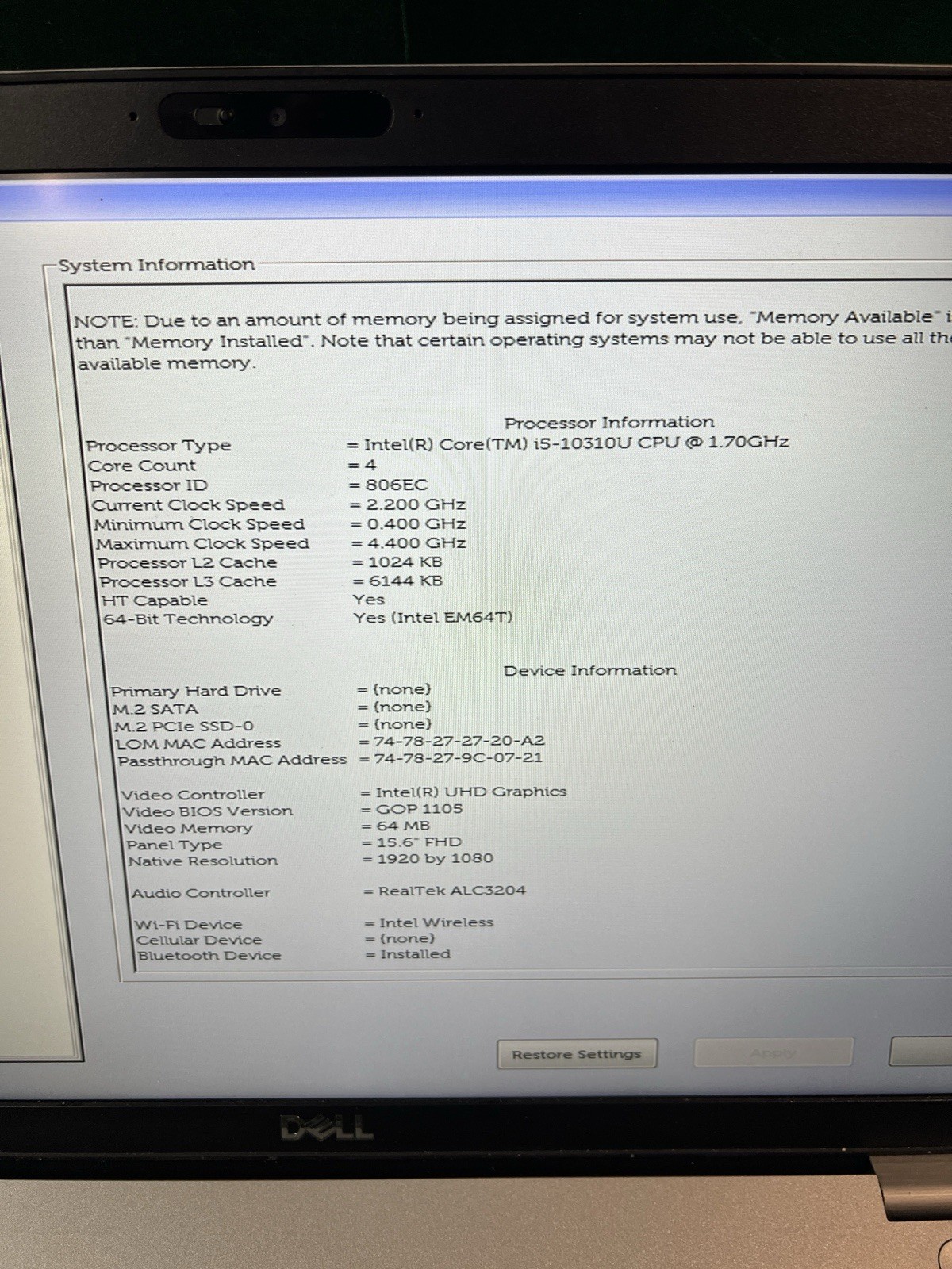 Dell PRECISION 3550 i5-10310U 8GB 1.70GHZ LAPTOP NO OS/AC/HDD BIOS