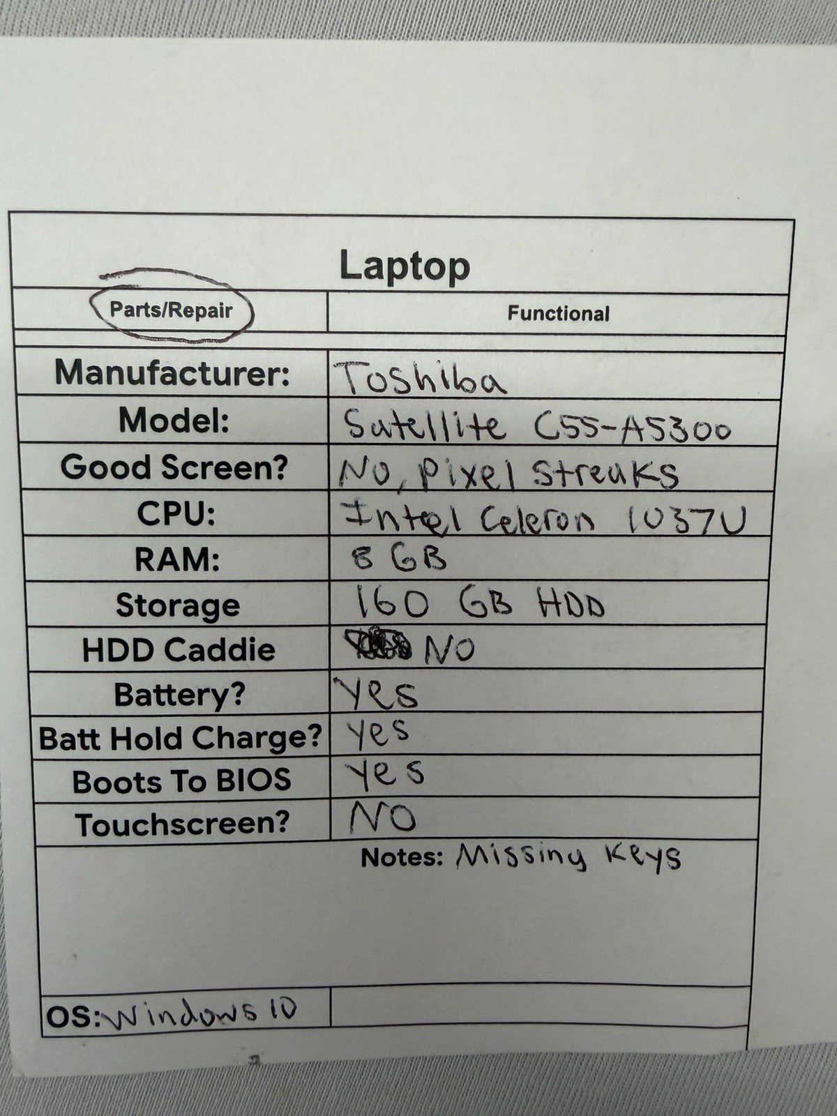 Toshiba Satellite C55-A5300 Laptop – Screen has Pixel Streaks – Read Des
