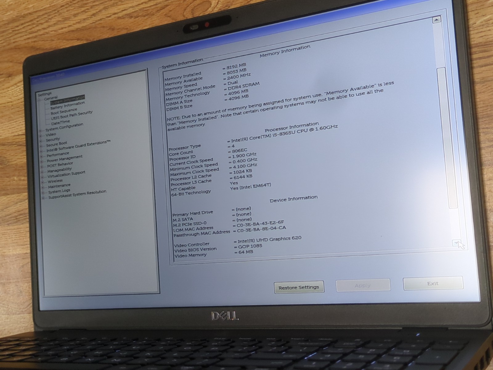 Dell Precision 3540 15.6″ Intel i5-8365U 8GB DDR4 NO HDD, Excellent Condition
