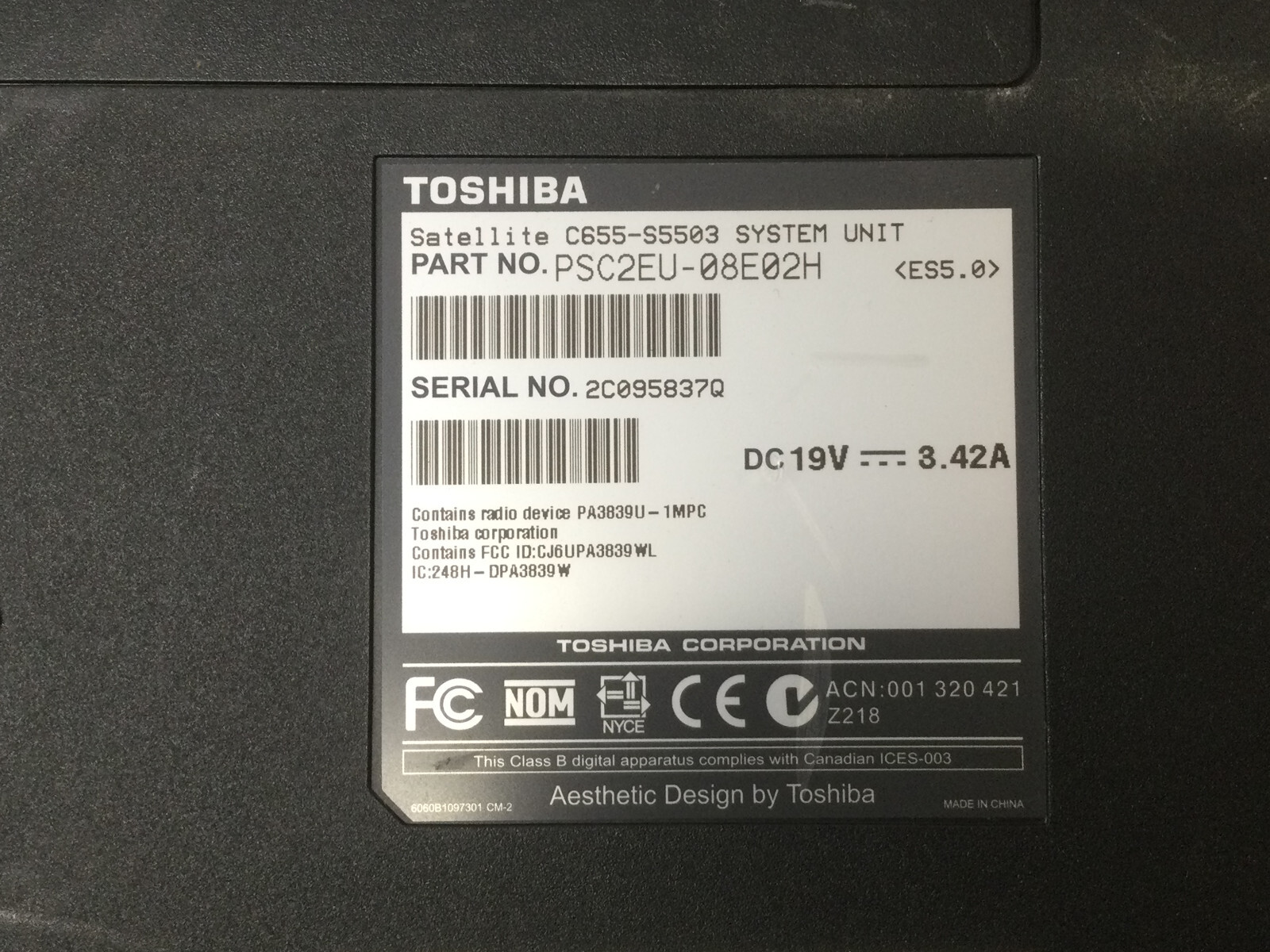 TOSHIBA SATELLITE C655-S5082 – BOOTS TO BIOS – INTEL CELERON – 2GB RAM -READ-BB