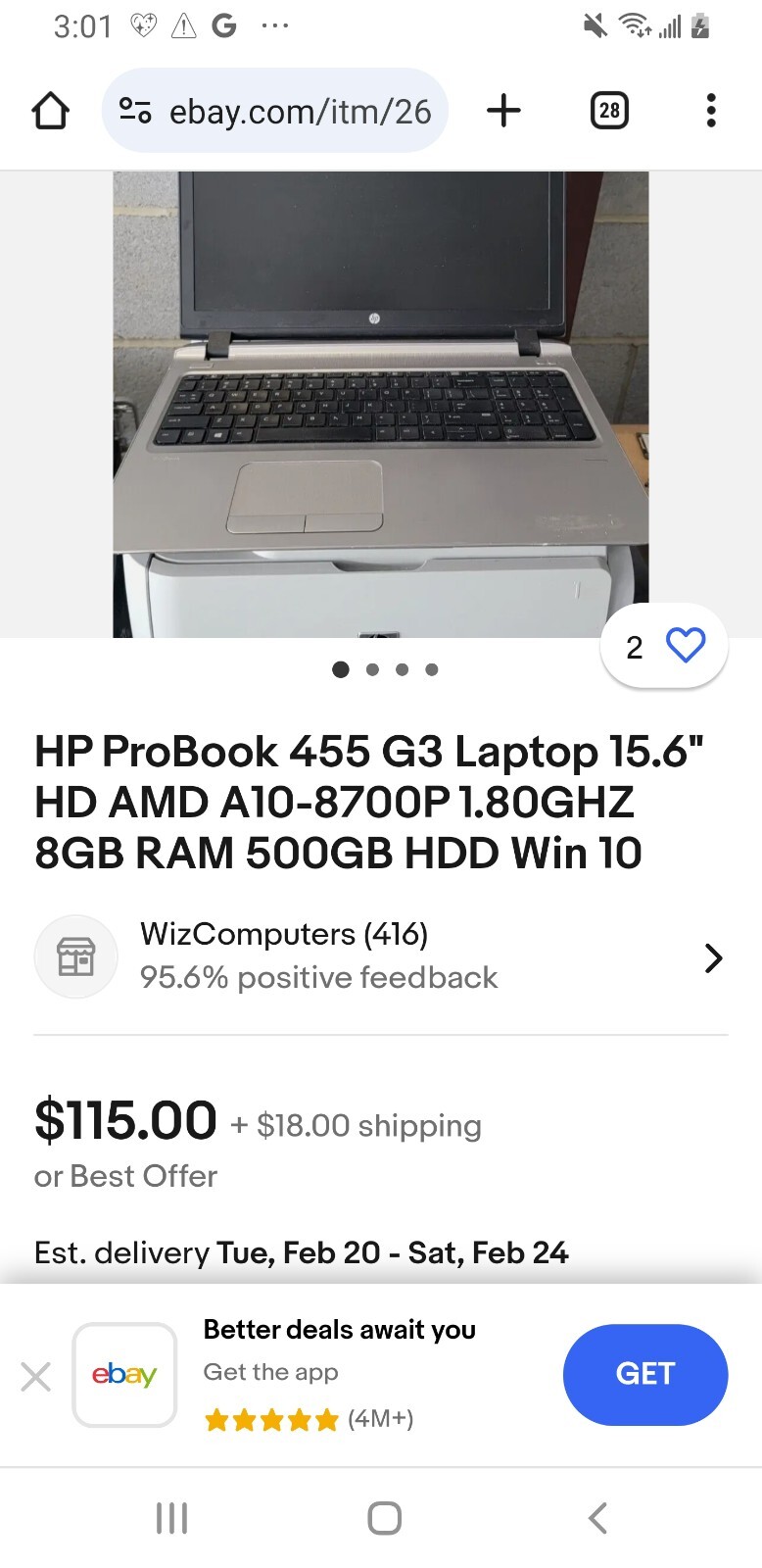 HP ProBook 455 G3 Laptop 15.6″ HD AMD A10-8700P 1.80GHZ 1GB RAM 500GB HDD Win 10