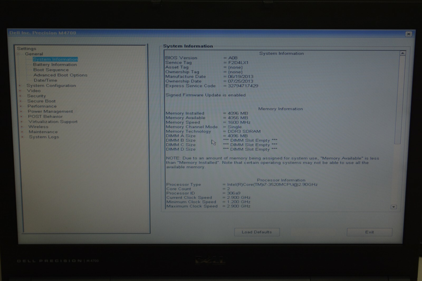 Dell Precision M4700 i7-3520 @ 2.9GHz 4GB Ram No HD #W196