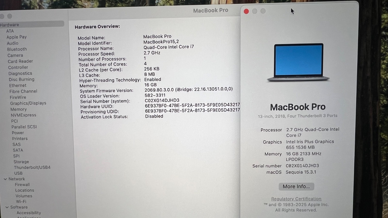 APPLE MacBook Pro 2018 Core i7 2.7 13″ 16GB RAM 2TB A1989 170 Battery Cycles!
