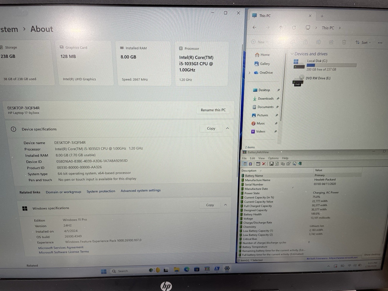 HP Laptop 17-by3xxx, Intel Core i5-1035G1 @1.00GHz, 4GB RAM, 256GB SSD, W11 READ