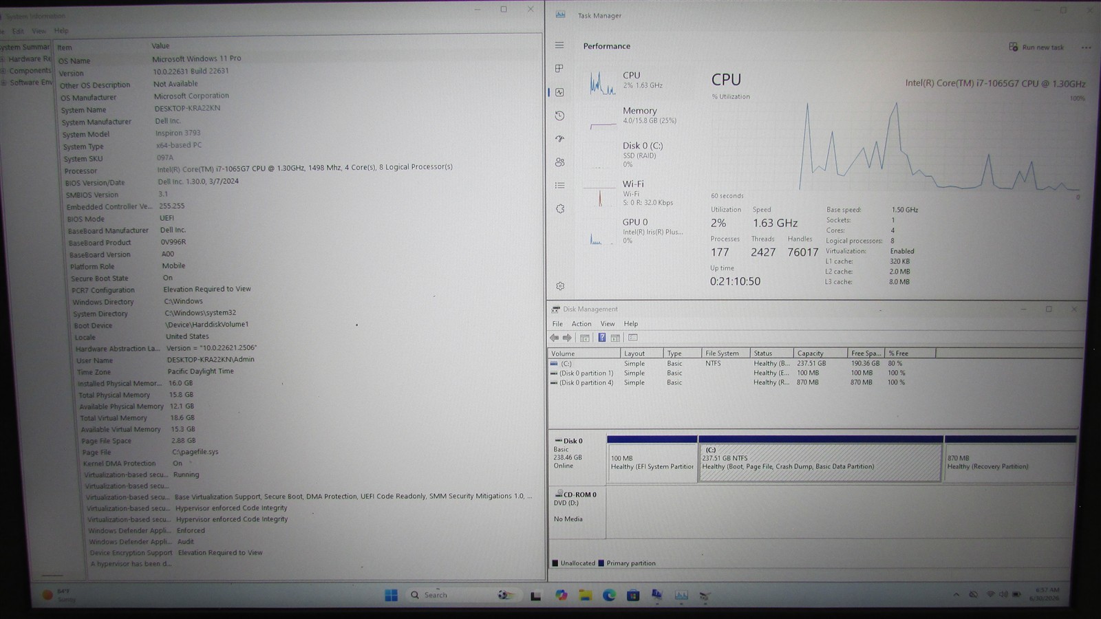 Dell Inspiron 3793 i7-1065G7 1.3GHz 16GB RAM 256GB NVME 17.3″ W11P DMG/MISS KEY