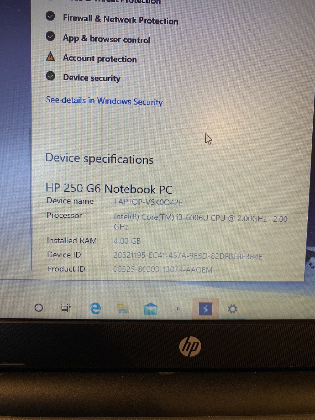 HP 250 G6 Intel i3-6006U @2 GHz 4 GB RAM Windows 10 AS IS