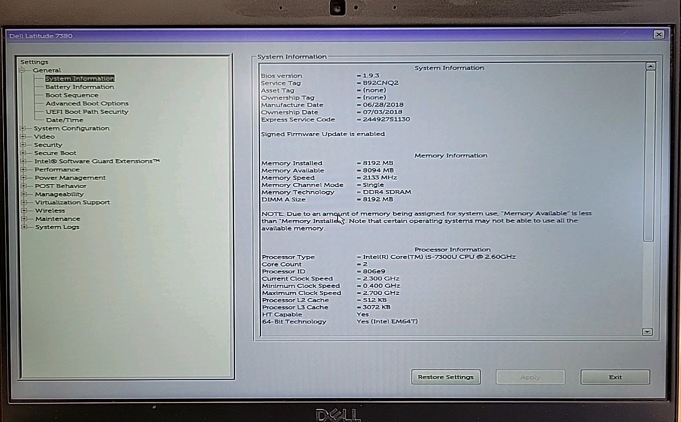 Dell Latitude 7380, Intel Core i5-7300U @ 2.6GHz, 8GB RAM, NO SSD, NO OS