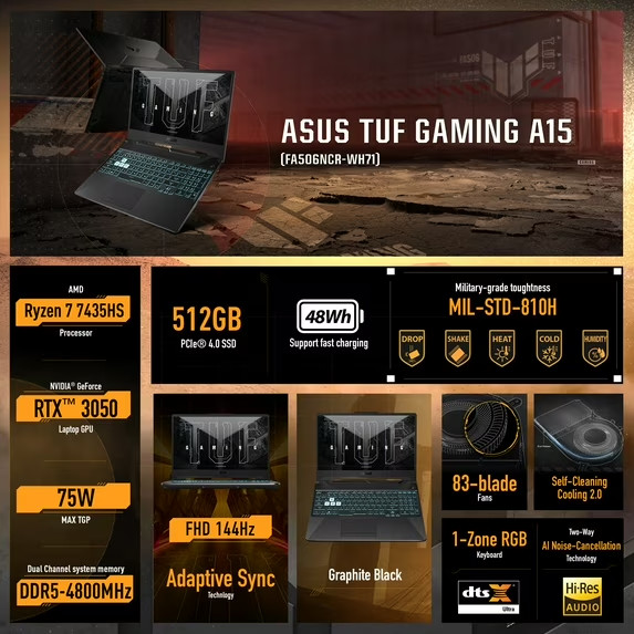ASUS TUFA15 15.6″ FHD AMD R7 7435HS 8GB RAM 512GB SSD RTX3050 W11 (NEW OPEN SEAL