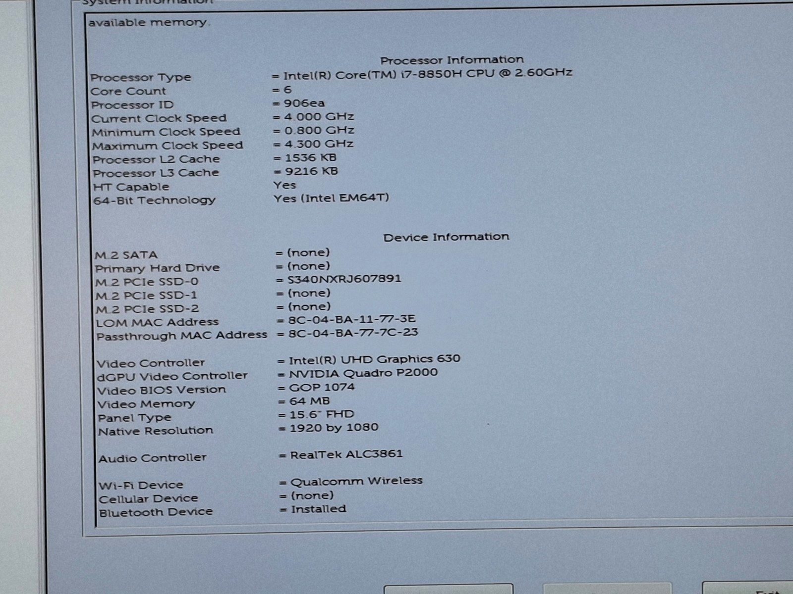 Dell Precision 7530 i7 8850H @ 2.60 GHz 256GB SSD 32 GB 15.6″ FHD Win 11 Pro