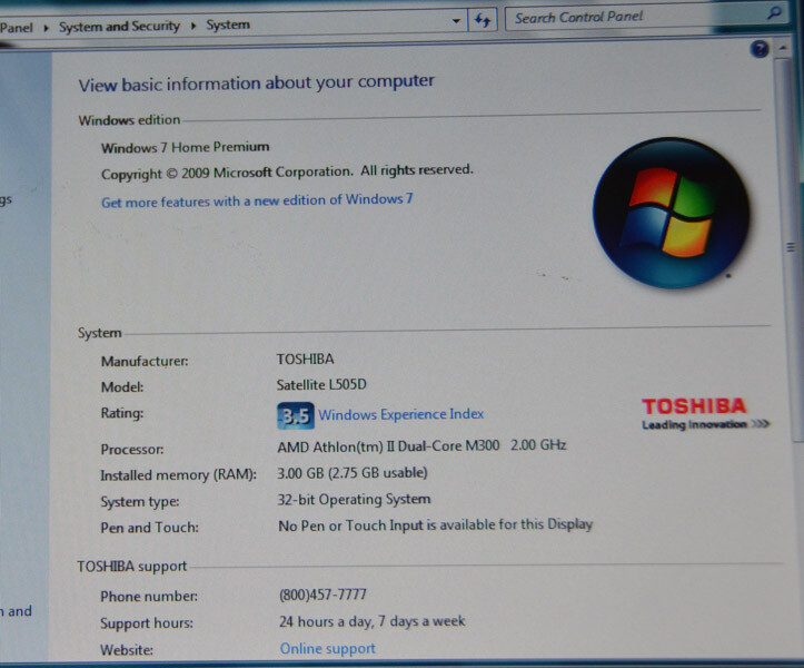 Toshiba Satellite L505D Laptop_AMD Athlon II Dual Core M300 @ 2.00 GHz_3GB RAM.