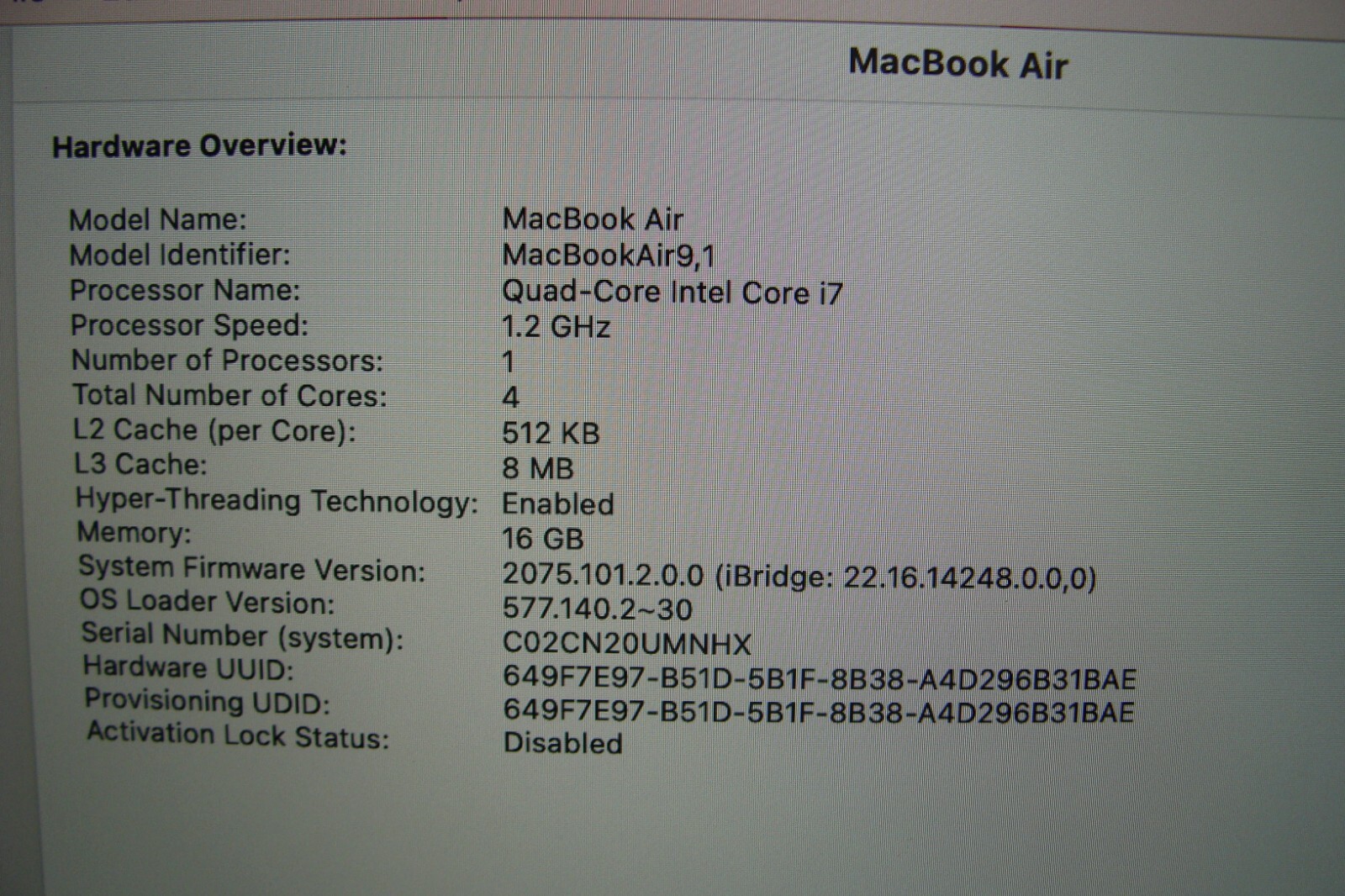 Apple MacBook Air 13″ A2179/BTO (2020) i7-1060NG7 1.2GHz 16GB 256GB OS Ventura