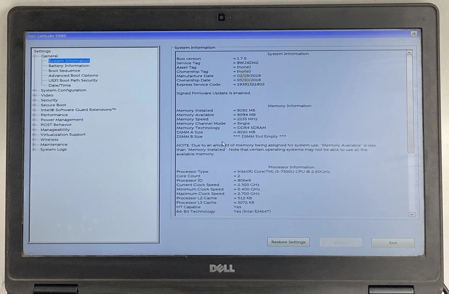Dell Latitude 5580 Intel Core i5-7300U 2.60GHz 8GB RAM 15.6″ No Battery/HDD/OS