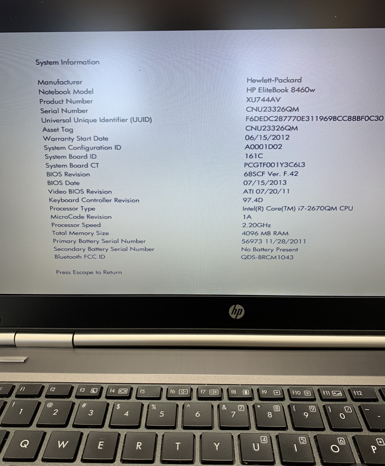 HP EliteBook 8460W i7-2670QM 2.20GHz 4GB not hard drive