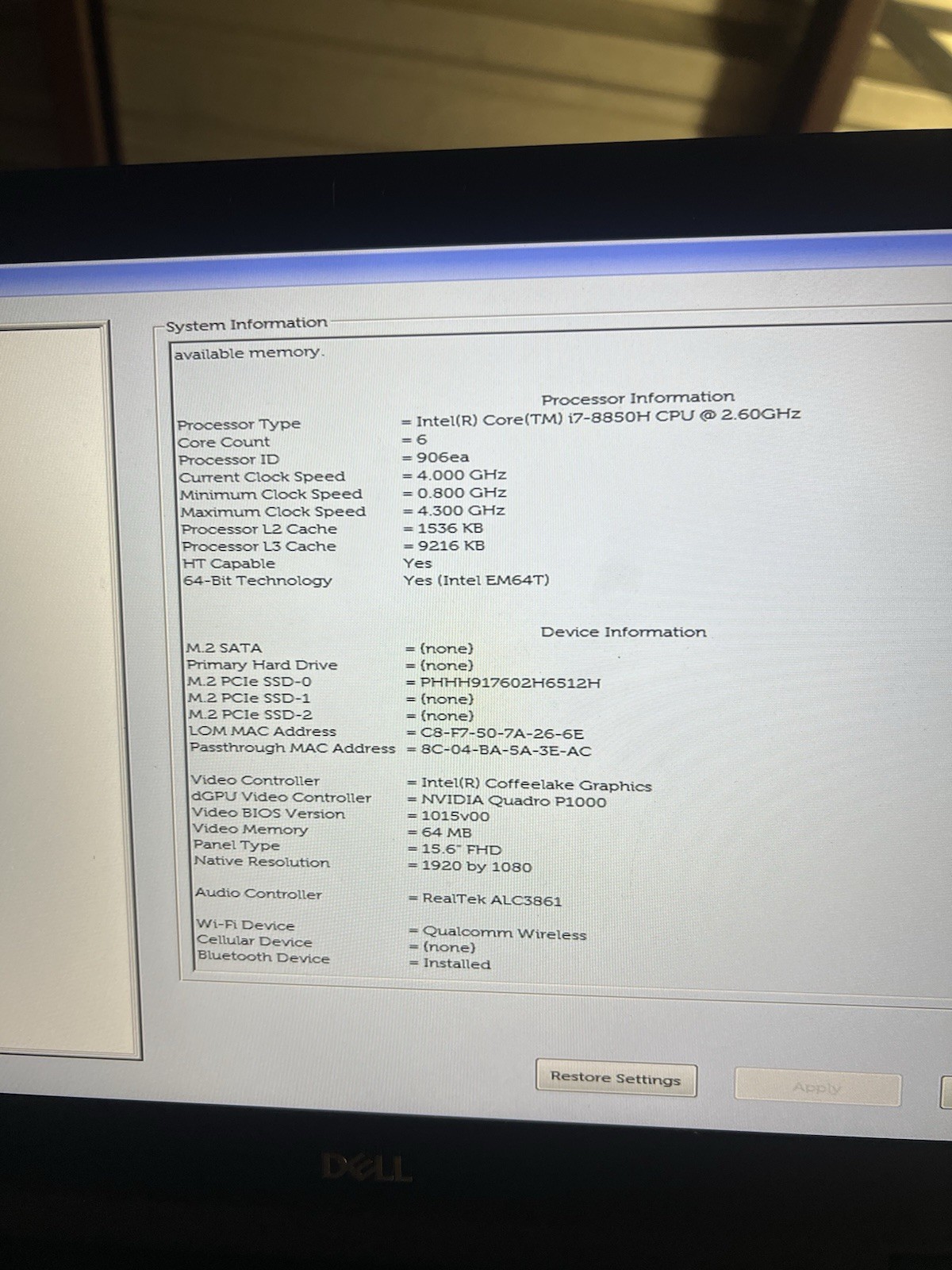 DELL Precision 7530 Core i7 8850H 2.6GHz 32GB RAM 512gb SSD Win 11 Pro