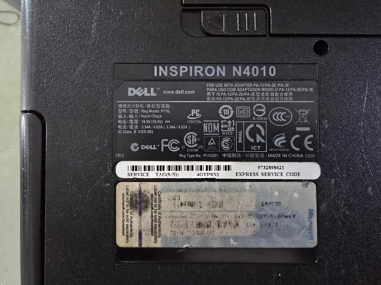 Dell Inspiron N4010 Laptop Intel Core i3-M 370 @ 2.40GHz 500GB 2GB RAM WIN 7 Pro