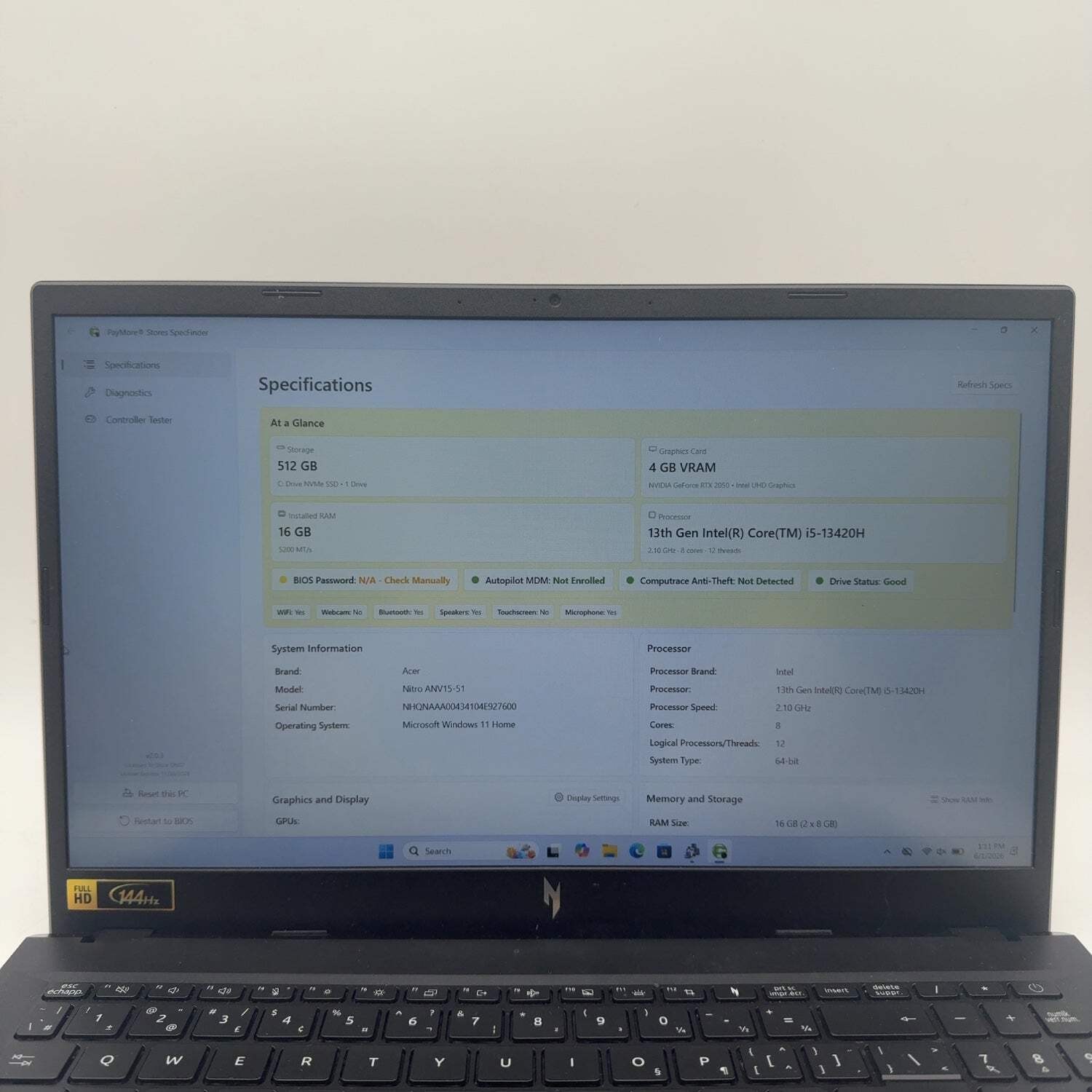 Acer Nitro V 15 ANV15-51 15.3″ i5-13420H 2.1GHz 16GB RAM 512GB GeForce RTX 2050