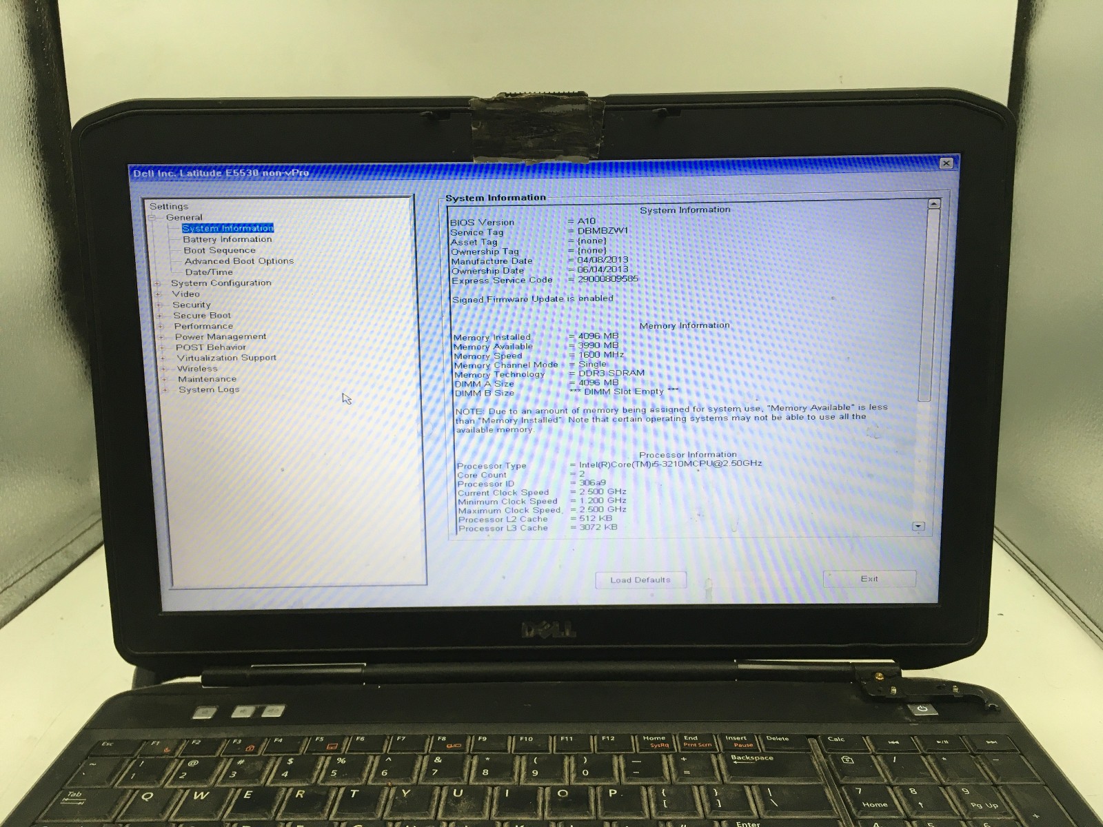 DELL LATITUDE E5530 – BOOTS TO BIOS – INTEL I5 3210M – NO RAM – READ DESC – BB