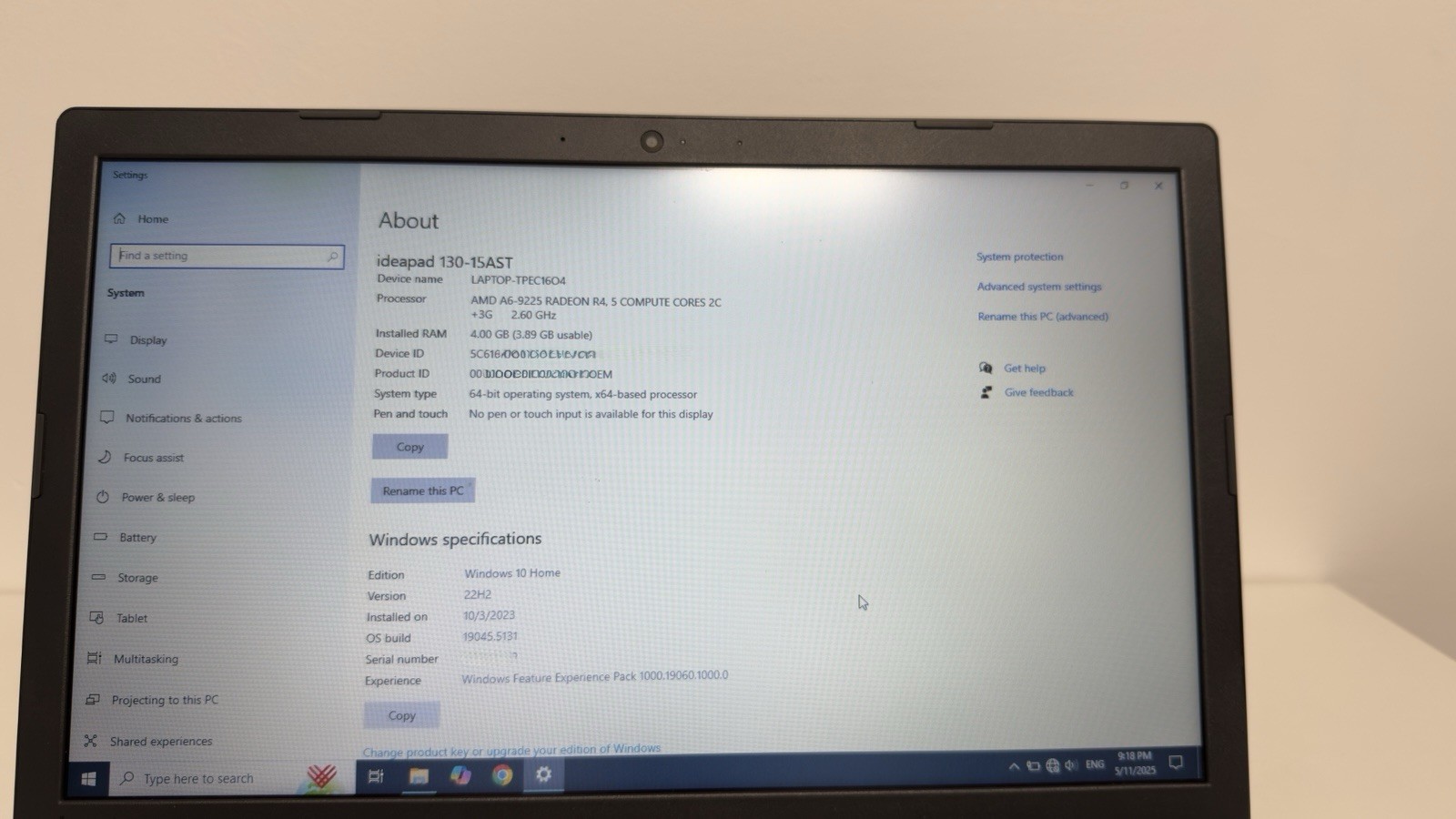 LENOVO IdeaPad 130-15AST AMD A6-9225 Radeon R4 4GB RAM 1TB SDD UPG Win10 Laptop