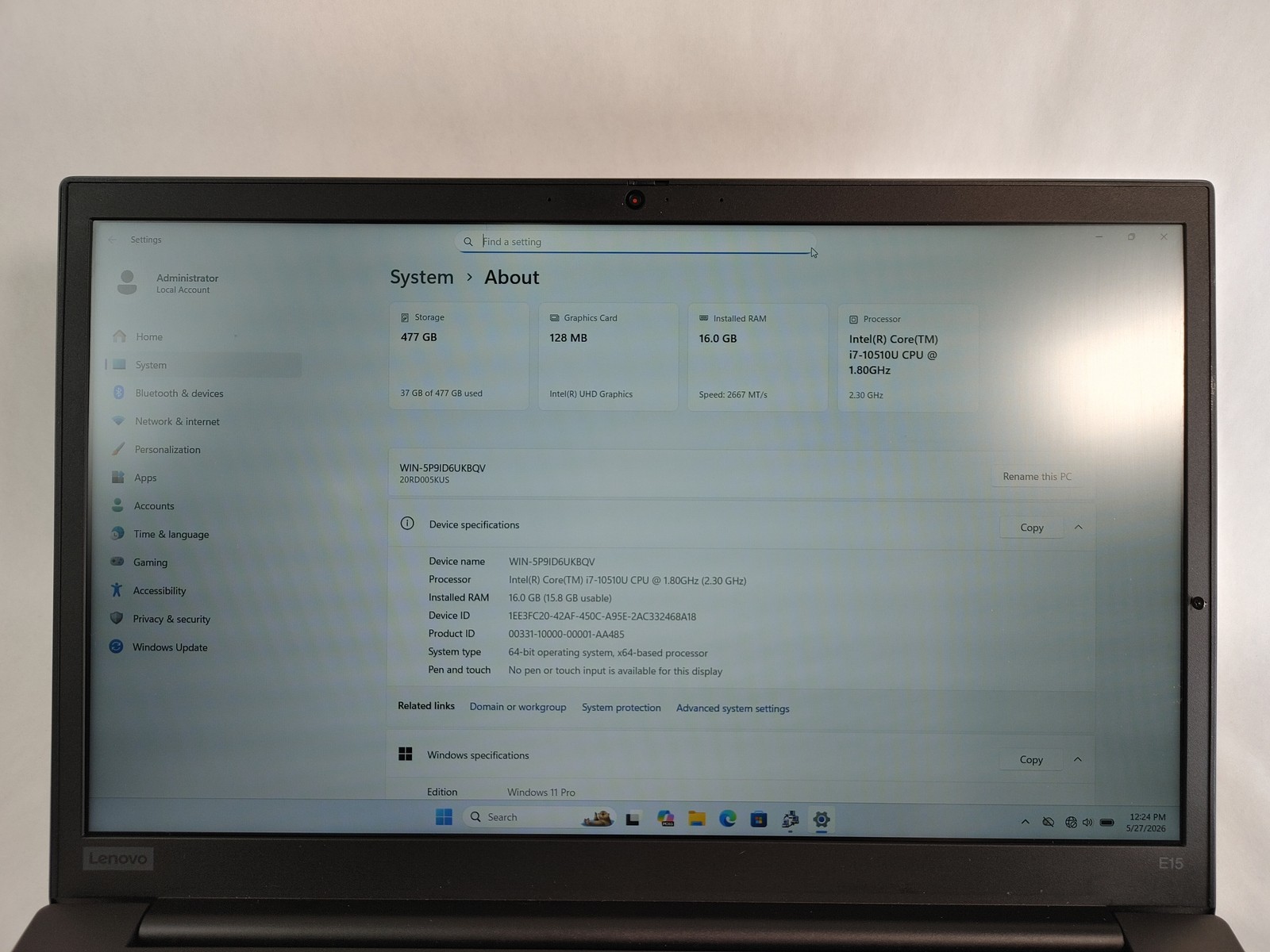 Lenovo ThinkPad E15 Gen 1 Core i7-10510U 1.80 GHz 16 GB DDR4 512 GB NVMe Windows
