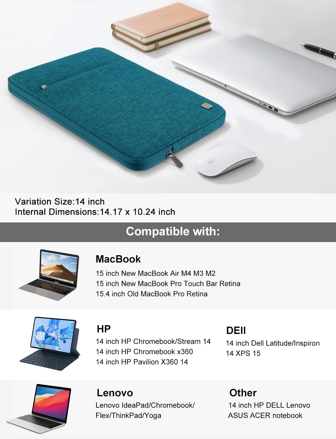 Sleeve for 15 inch MacBook Air M4/A3241, Dell XPS 15 Plus with Pocket, Teal