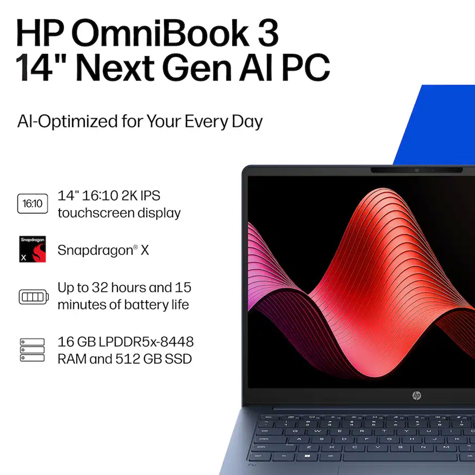 HP OmniBook 3 14″ Touchscreen Laptop 16GB, 512GB SSD (Blue) and Bag + 64GB Card