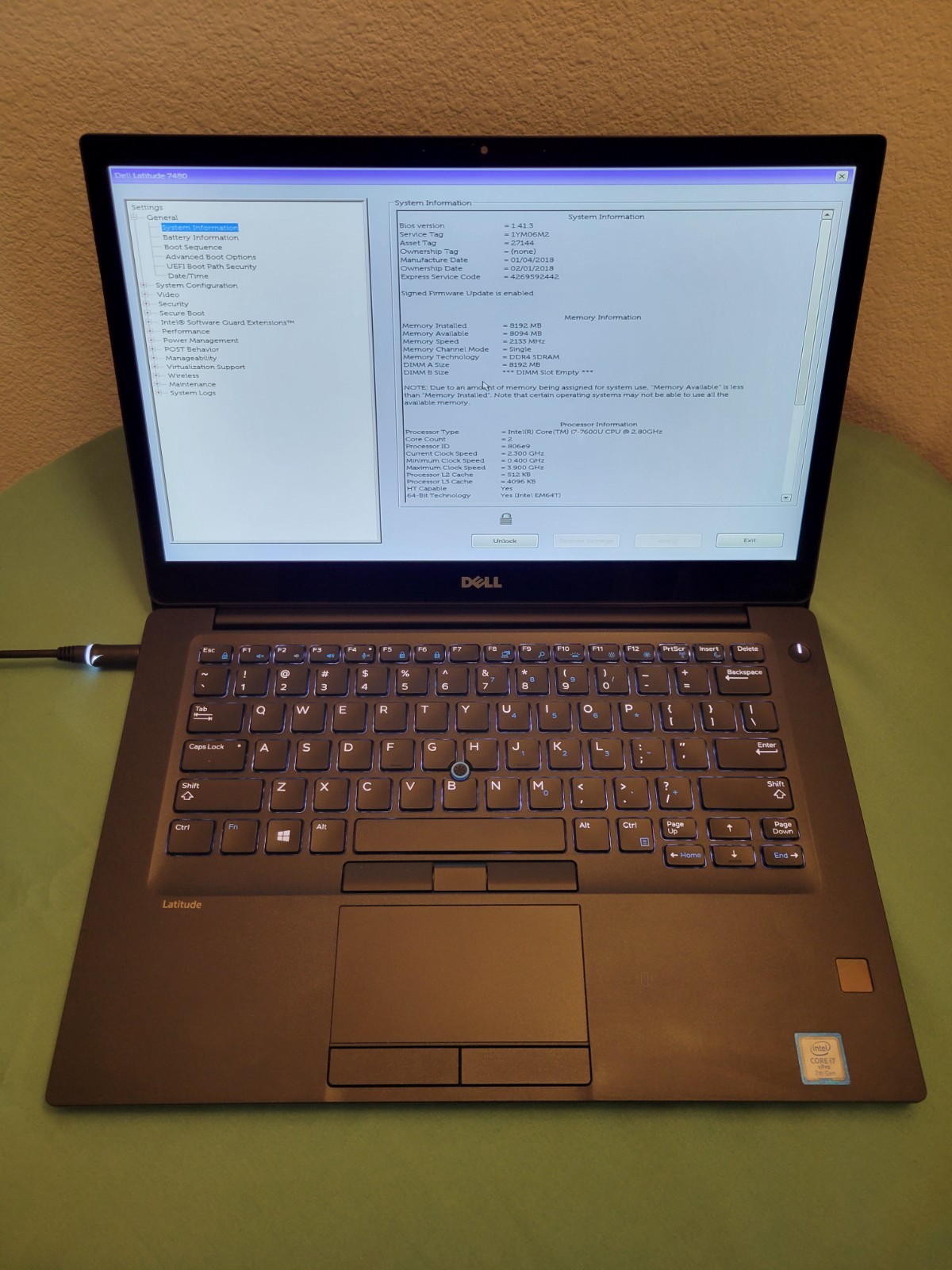 Dell Latitude 7480 Core i7-7600U @2.8Ghz, 8GB RAM, NO SSD/OS/BATTERY BIOS LOCKED