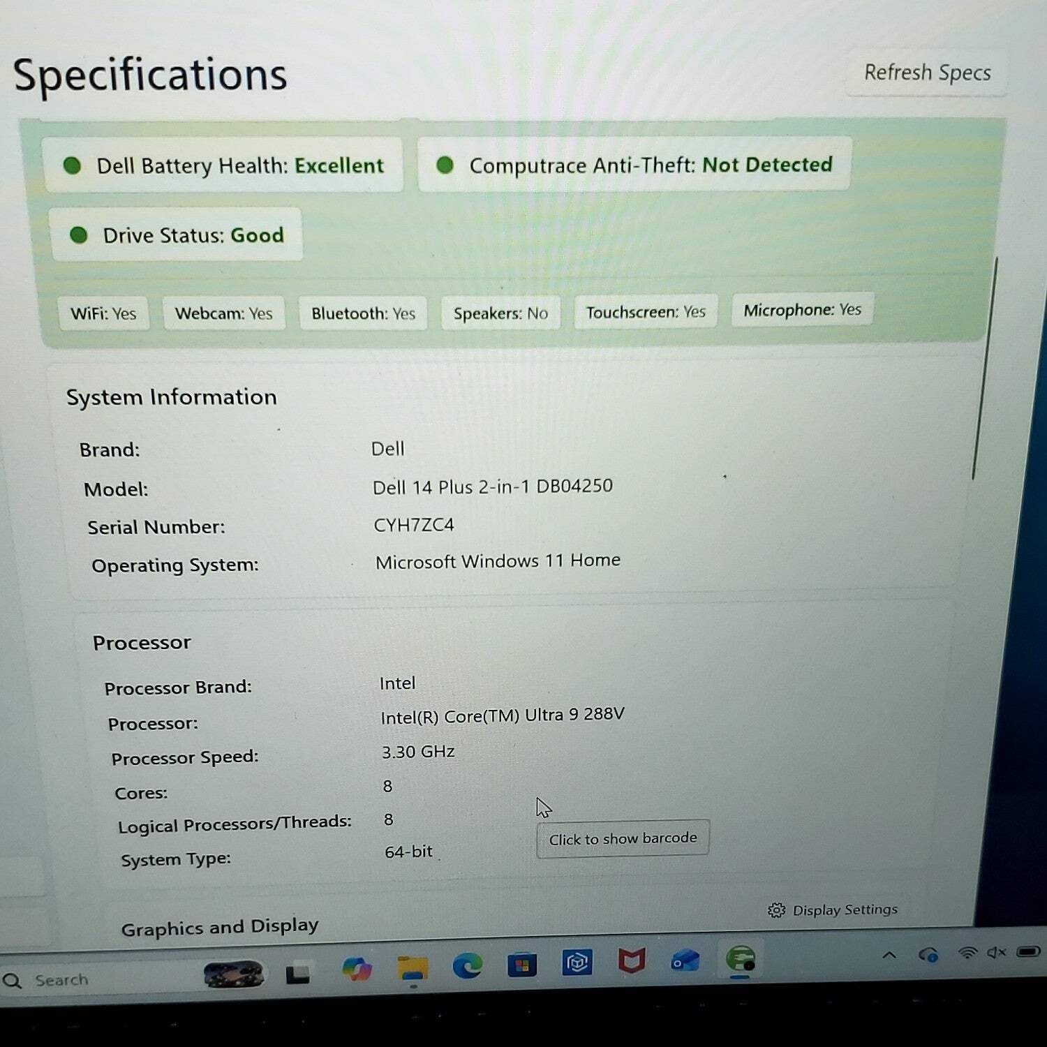 Dell 14 Plus 2 in 1 DB04250 14″ Core Ultra 9 288V 3.30 32GB RAM 1TB SSD