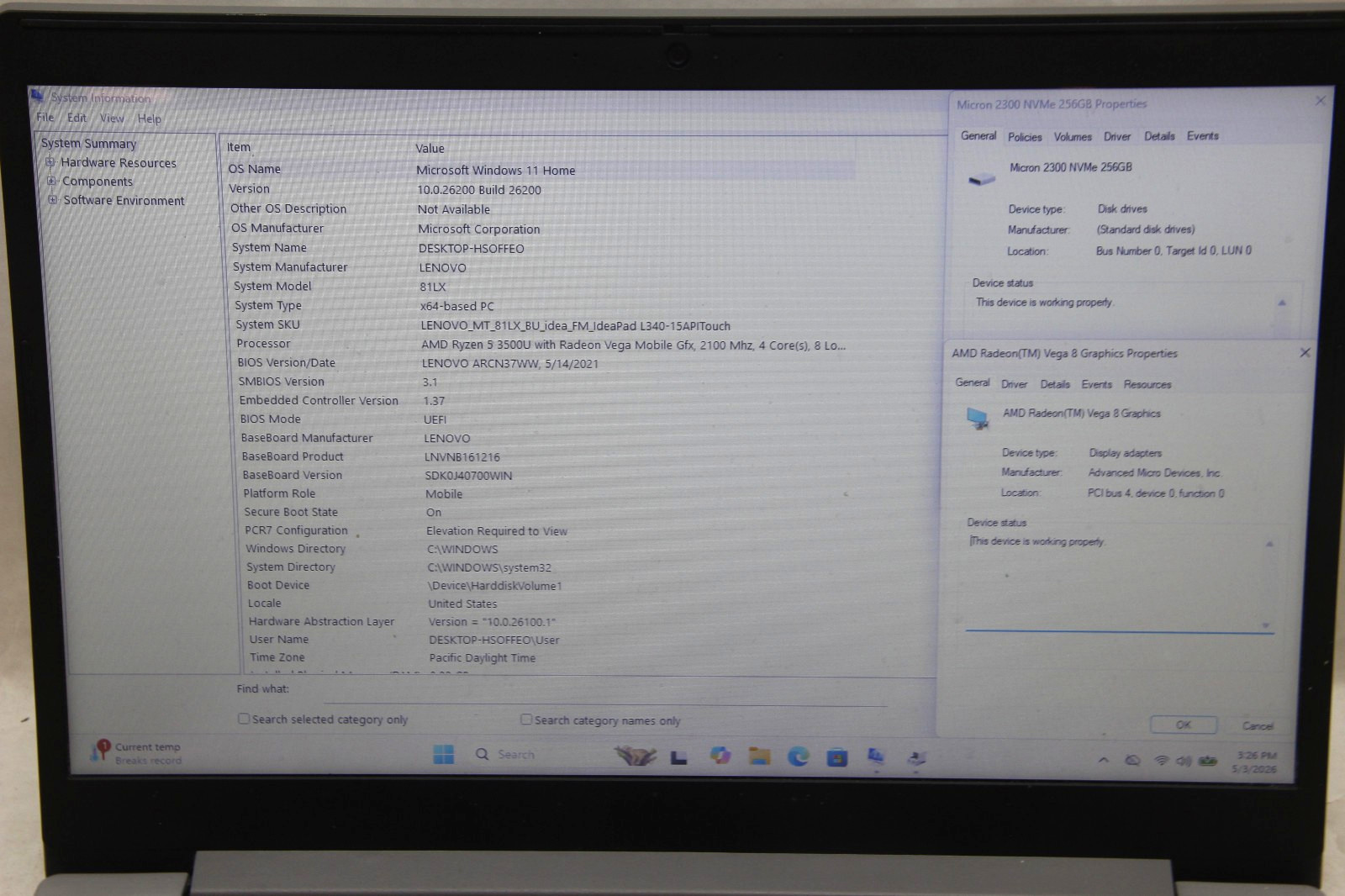 Lenovo IP L340-15API 15.6″ Laptop AMD R5 3500U 8 GB RAM 256 GB SSD No Charger
