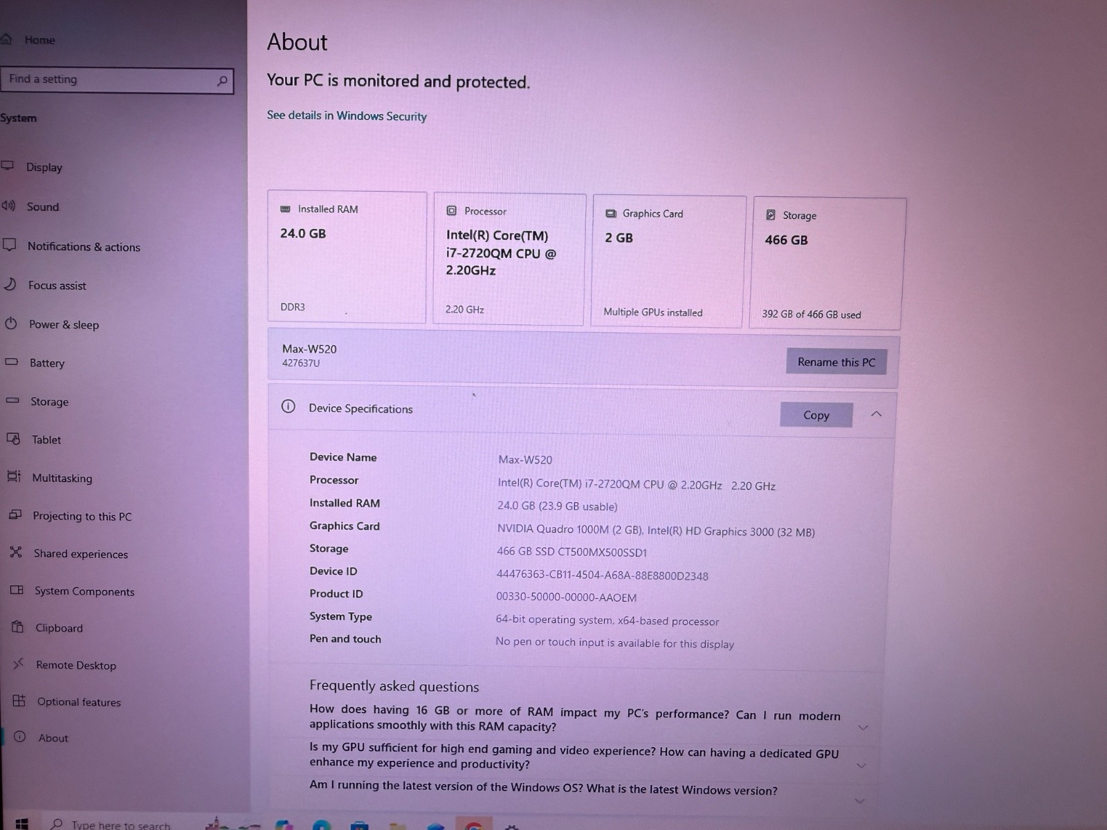 Lenovo ThinkPad W520 15.6 Laptop i7 – 2720QM 24GB RAM Quadro 2GB 466GB SSD 64bit