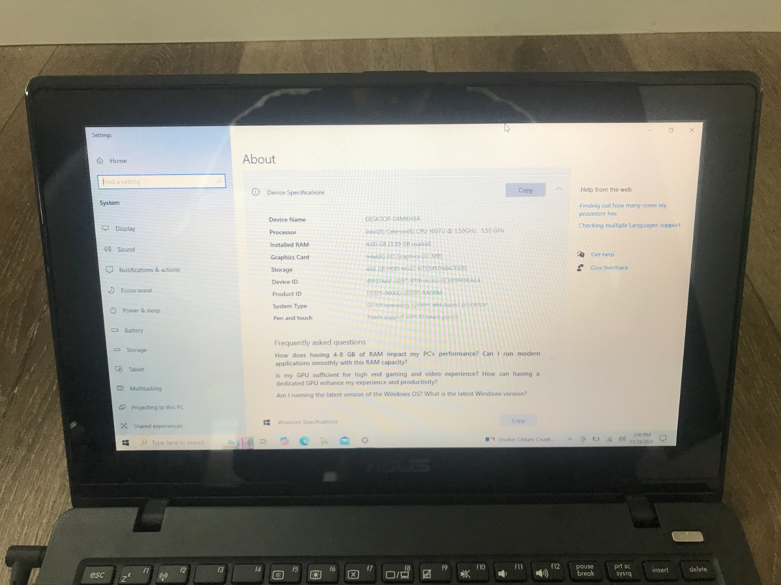 Asus X200CA X200CA-HCL1250 11.6″ Intel Celeron 1007U 1.50GHz 4GB RAM 500GB HDD