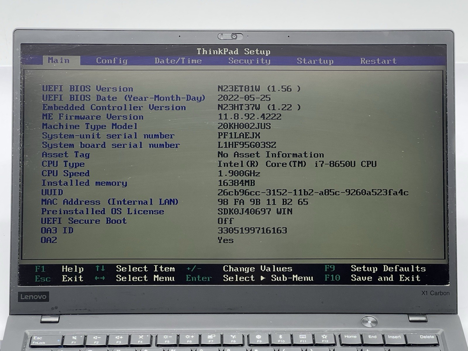 Lenovo ThinkPad X1 Carbon 6th, i7-8650U, @ 1.90GHz, 16GB RAM-No HDD/OS/Charger