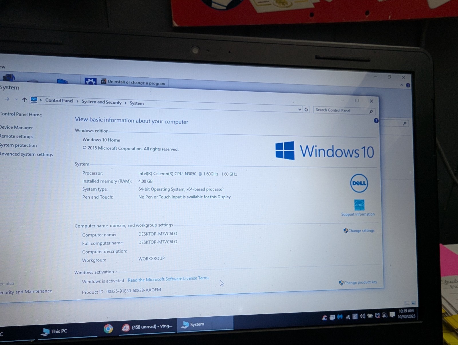 Dell Intel (R) Celeron CPU N3050 160GHz 4GB RAM