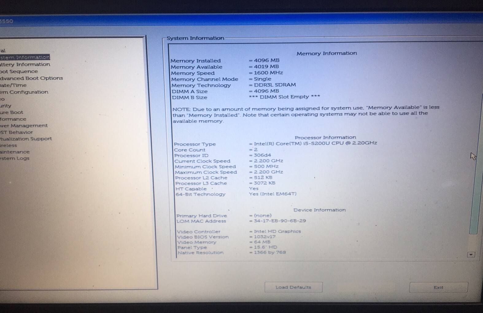 DELL LATITUDE 3550 | Intel Core i5-5200U 2.20 GHZ | 4 GB | No HDD/OS -Bios Boot