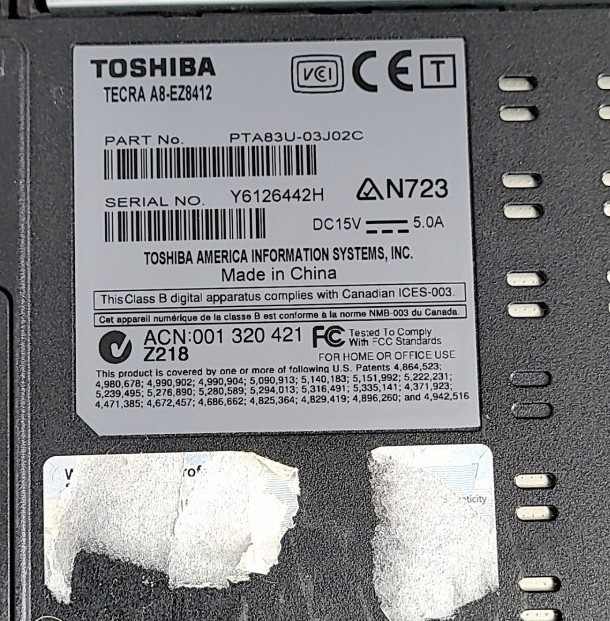 TOSHIBA TECRA A8 PTA83U-03J02C Laptop CORE2 T5500 1GB 80GB SEE NOTES