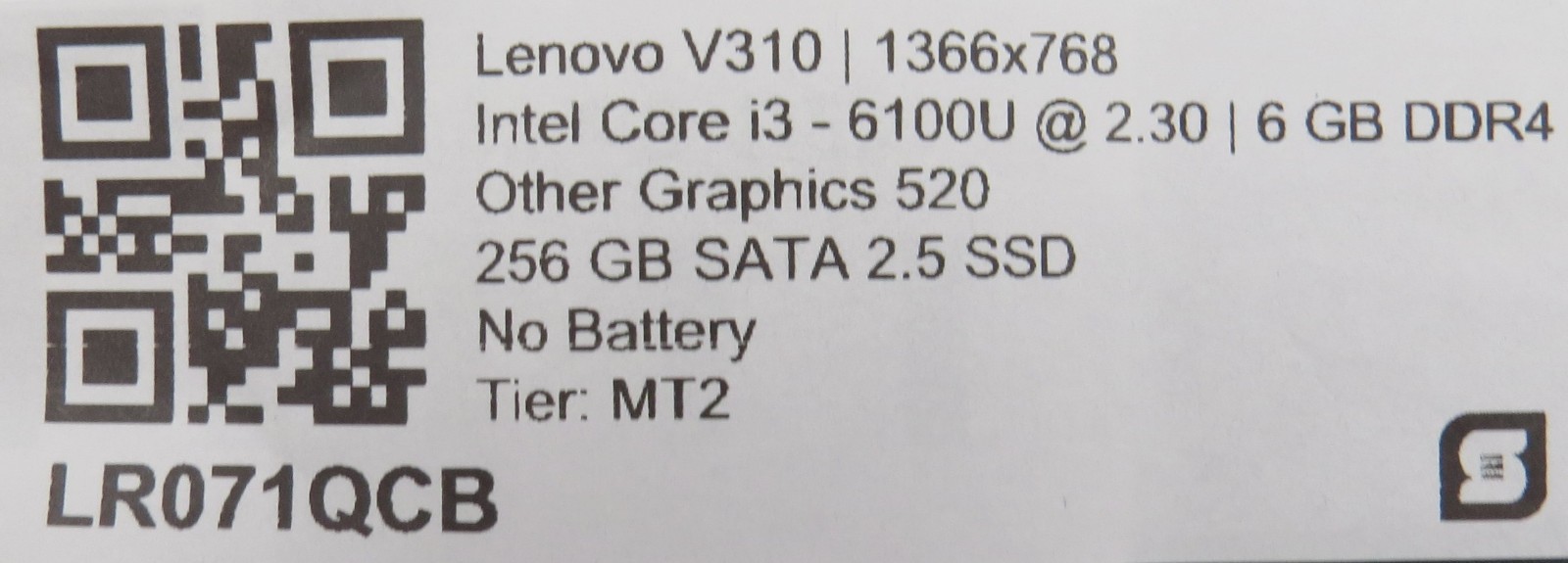Lenovo V310 i3-6100U @ 2.3GHz 6GB DDR4 256GB SSD No OS/AC/Battery