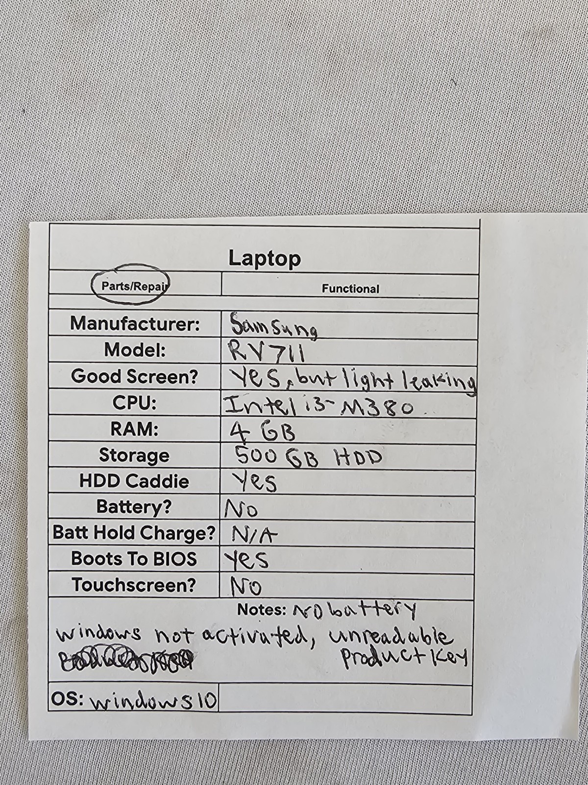 Samsung RV711 Laptop – i3-M380 – 4GB RAM – 500GB HDD – NO BATT Parts/Repair READ
