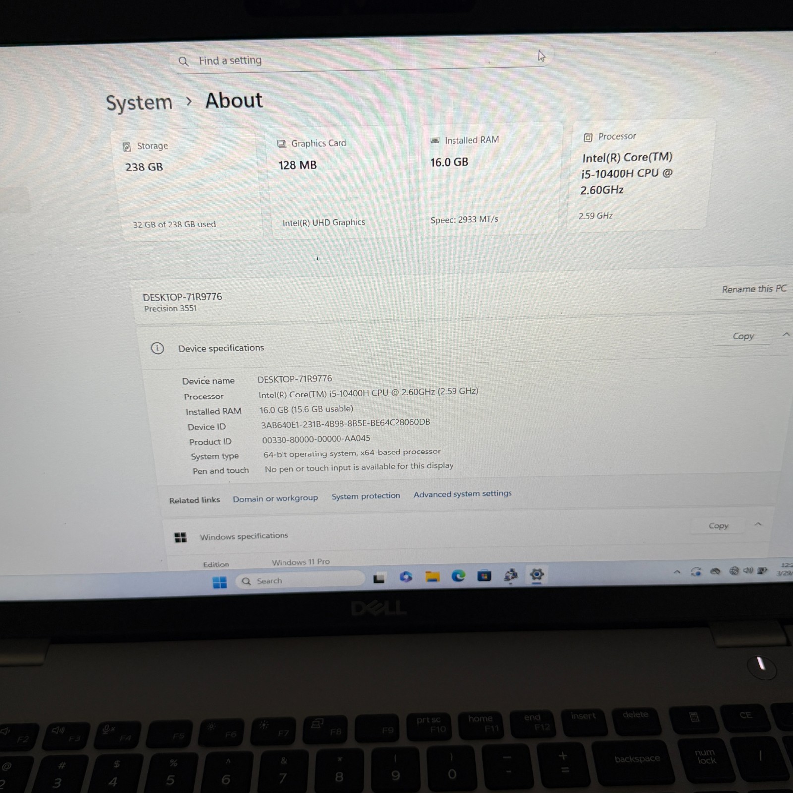 Dell Precision 15 3551 Laptop 15.6″ FHD i5-10400H 2.6Ghz 16GB RAM 256GB SSD W11P