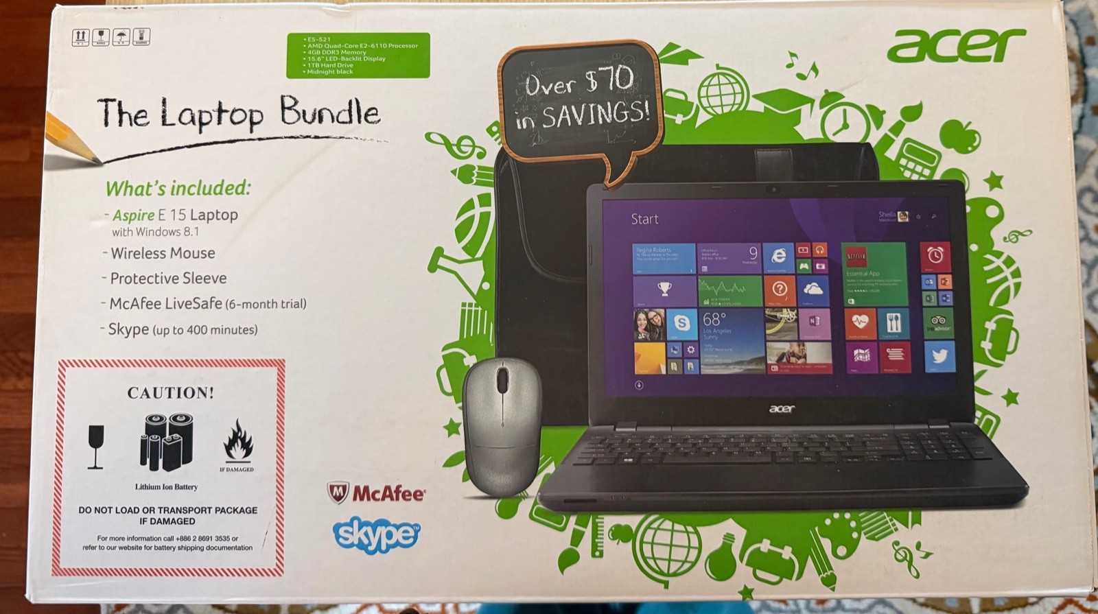 Acer ASPIRE E 15 E5-521-24PQ 15.6″ E2-6110 1.5GHz 4GB RAM 1TB HDD AMD RADEON R2