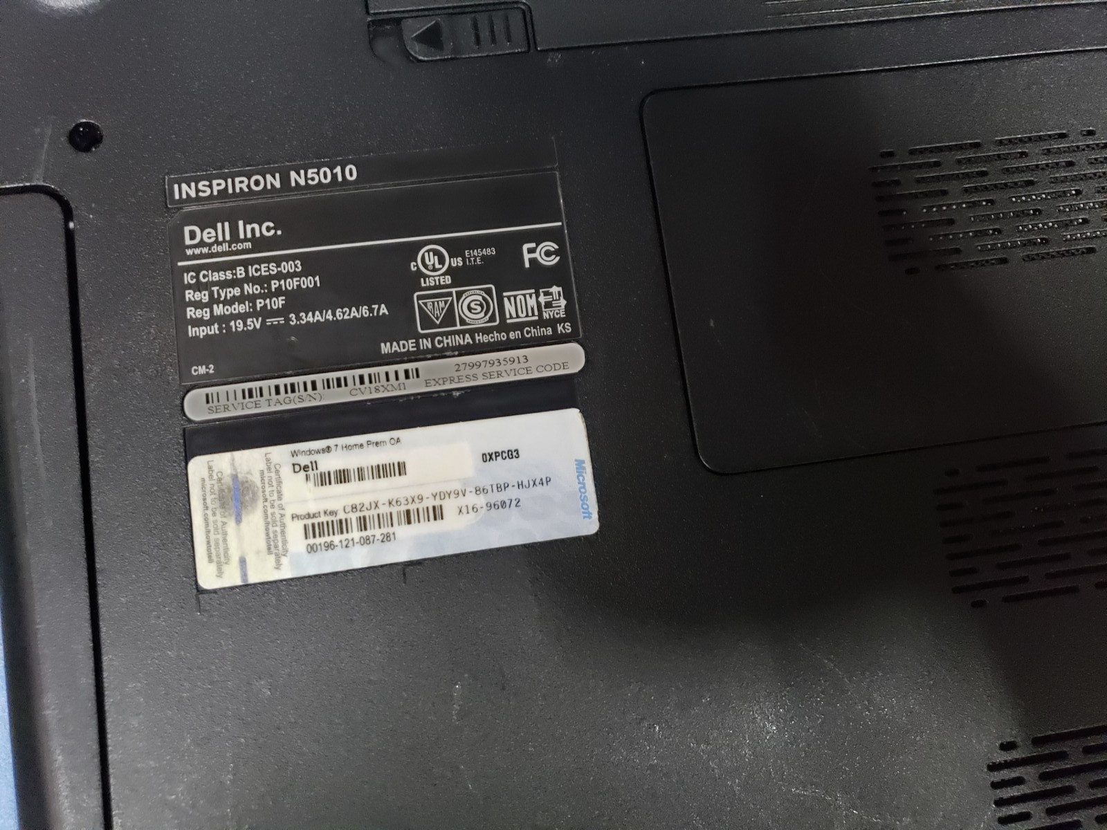 Dell Inspiron N5010 Core i3 M370 bad battery boots 4GB ram 500GB HDD parts
