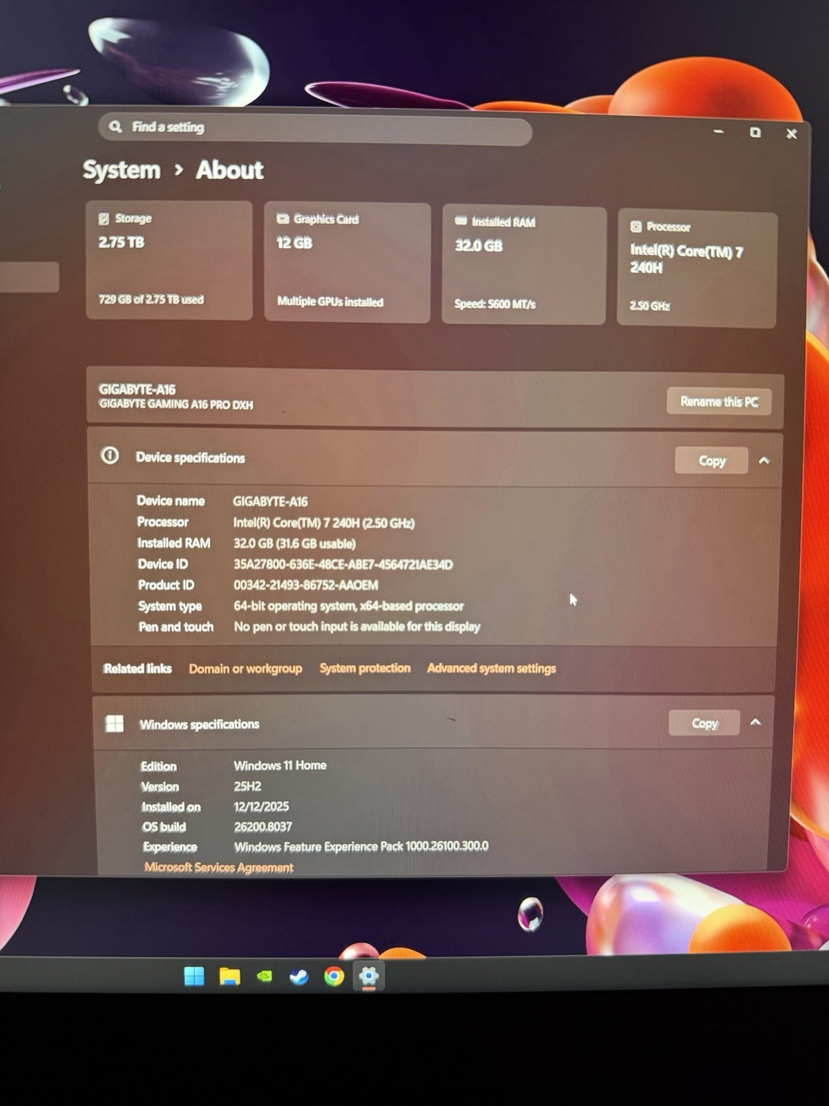 MINT Gigabyte Gaming A16 PRO 32GBDDR5 3TB NVMe 5070Ti Core 7 240H 16” Laptop